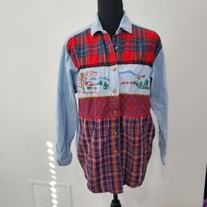 Vintage Novelty Farm Embroidery Plaid Denim Button up Shirt Red and Blue Sz M